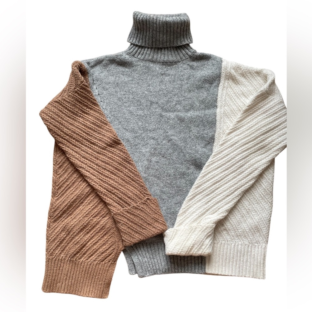 French Connection Gray, Brown, and Cream Turtleneck Sweater